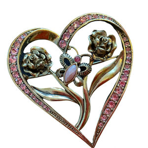 VTG Goldtone Heart Flower Butterfly w Pink Rhinestones Brooch Pin